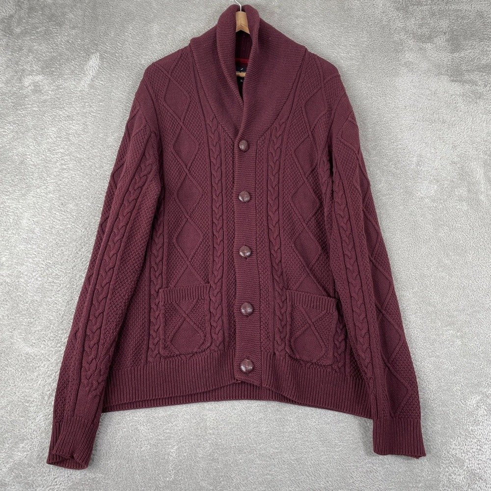 Daniel Hechter Cardigan Mens XL Burgundy Shawl Collar Cable Knit Sweater Pockets